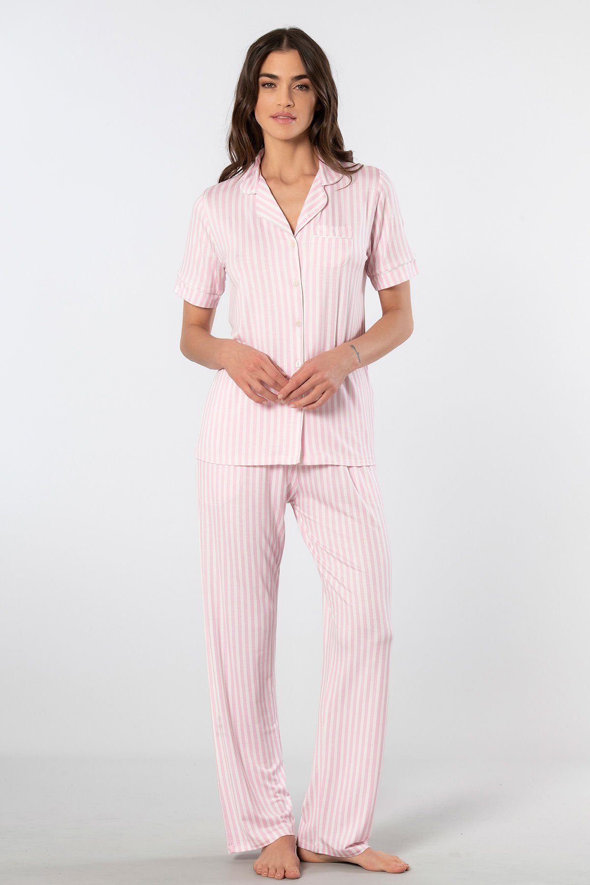 Türen Çizgili Kısa Kollu Gömlek Yaka Pijama Takımı