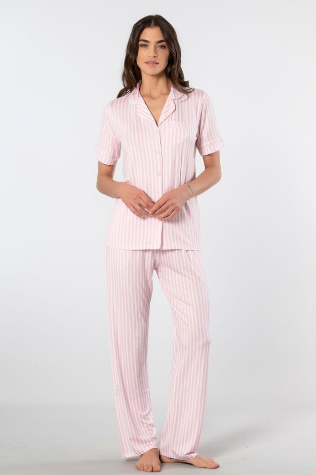 Türen Çizgili Kisa Kollu Gömlek Yaka Pijama Takimi