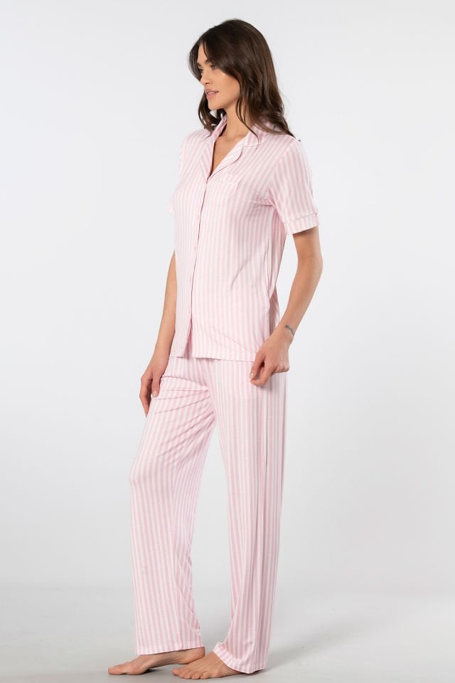 Türen Çizgili Kısa Kollu Gömlek Yaka Pijama Takımı