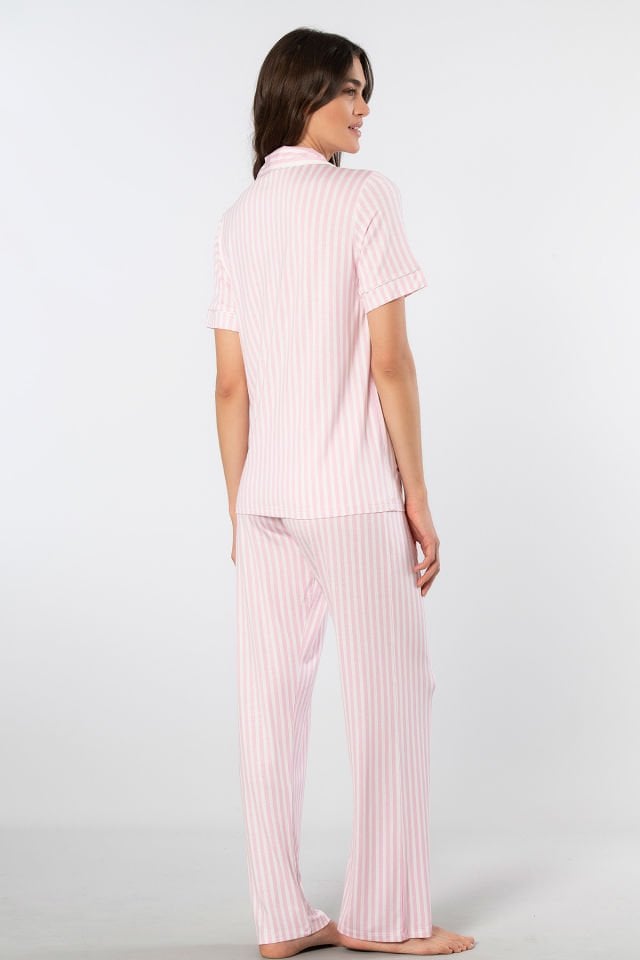 Türen Çizgili Kısa Kollu Gömlek Yaka Pijama Takımı