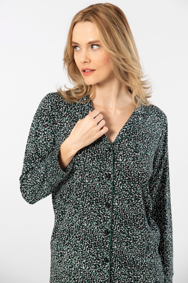 Türen Çiçek Desenli Uzun Kollu Gömlek Yaka Pijama Takımı