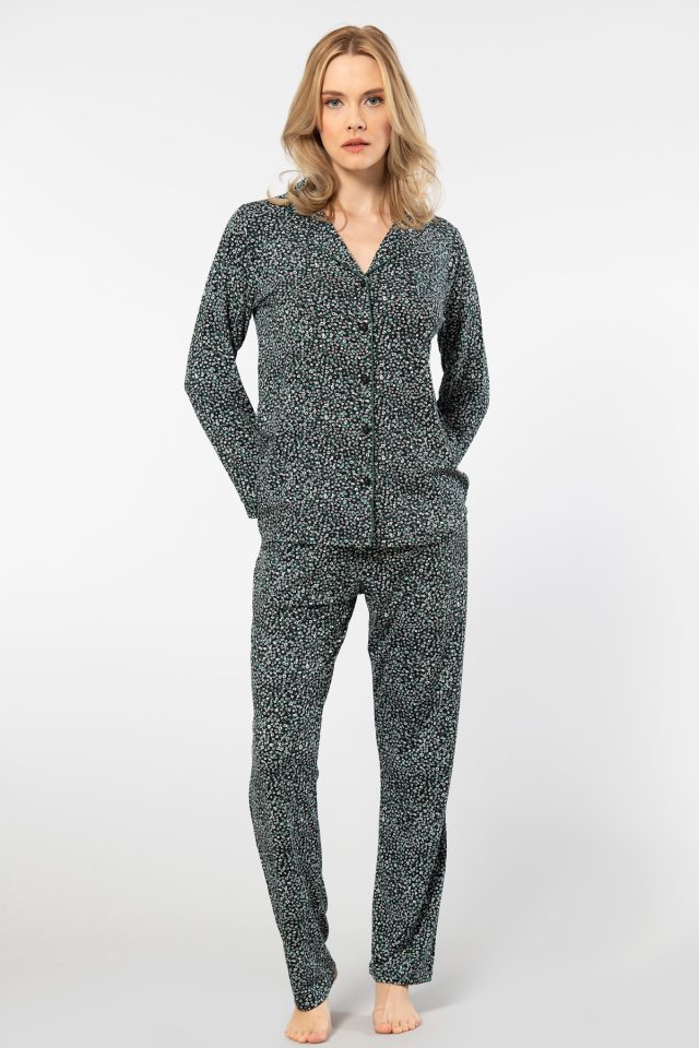 Türen Çiçek Desenli Uzun Kollu Gömlek Yaka Pijama Takimi