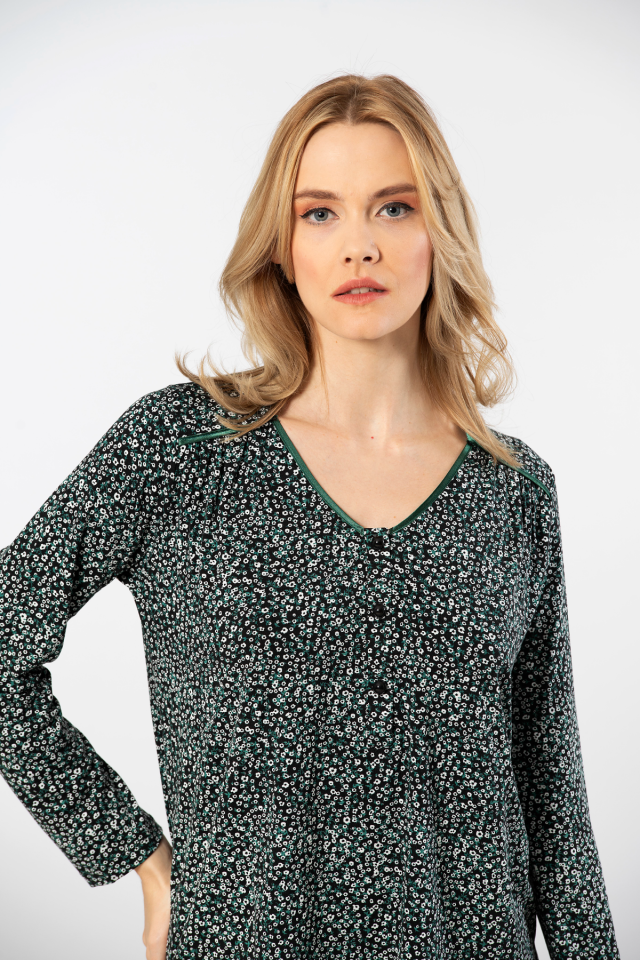 Türen Çiçek Desenli Uzun Kollu Patlı Pijama Takımı