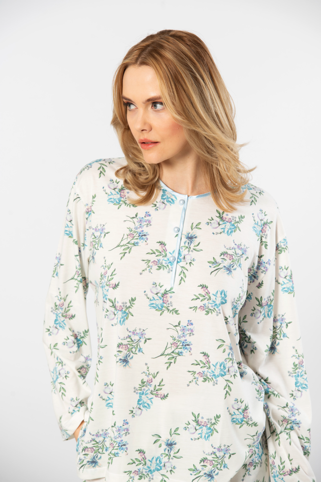 Türen Çiçek Desenli Patlı Battal Uzun Kollu Pijama Takımı