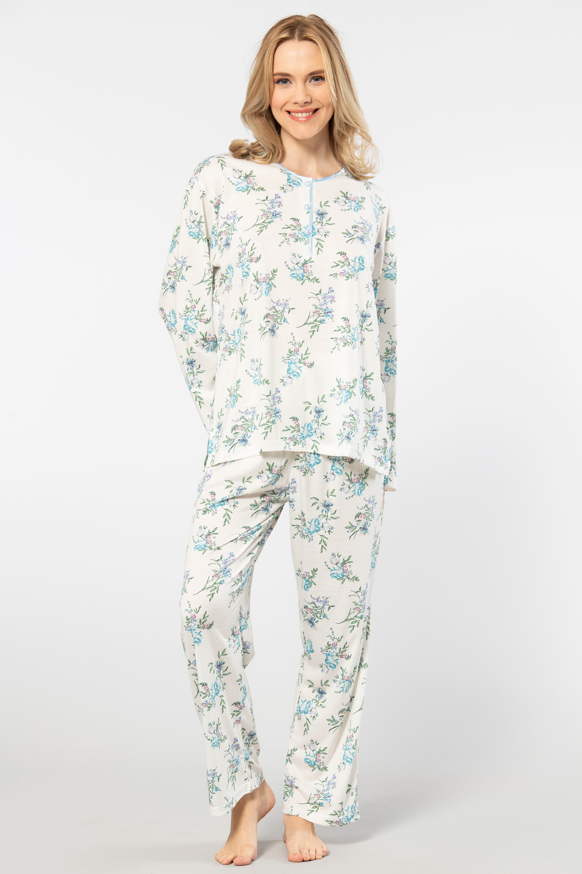 Türen Çiçek Desenli Patlı Battal Uzun Kollu Pijama Takımı