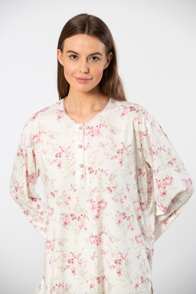 Türen Çiçek Desenli Patlı Battal Uzun Kollu Pijama Takımı